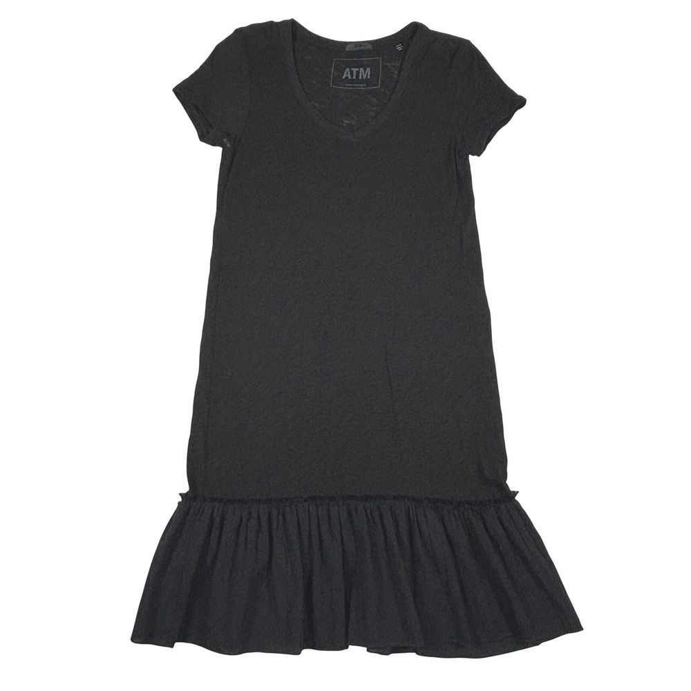 ATM Anthony Thomas Melillo Black Slub V-Neck Ruffle Hem T-Shirt Dress XS